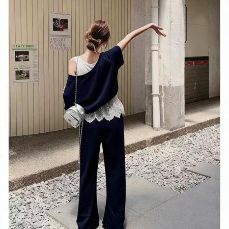 BY12620# 新款假两件上衣蕾丝阔腿裤套装时尚休闲百搭通勤日常 服裝批發女裝批發服飾貨源