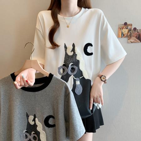 BY12624# 夏季新款大码女装时尚宽松显瘦休闲百搭小马印花T恤上衣 服裝批發女裝批發服飾貨源