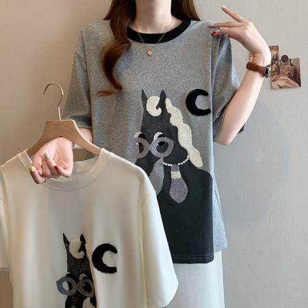 BY12624# 夏季新款大码女装时尚宽松显瘦休闲百搭小马印花T恤上衣 服裝批發女裝批發服飾貨源