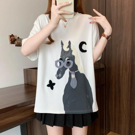 BY12624# 夏季新款大码女装时尚宽松显瘦休闲百搭小马印花T恤上衣 服裝批發女裝批發服飾貨源