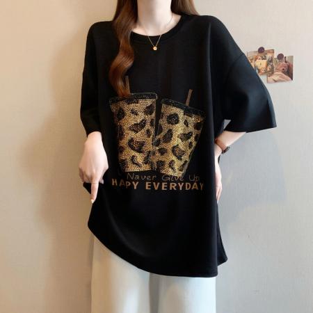 BY12625# 夏季新款大码女韩版宽松显瘦休闲百搭重工烫钻T恤裙上衣 服裝批發女裝批發服飾貨源