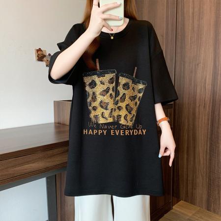 BY12625# 夏季新款大码女韩版宽松显瘦休闲百搭重工烫钻T恤裙上衣 服裝批發女裝批發服飾貨源