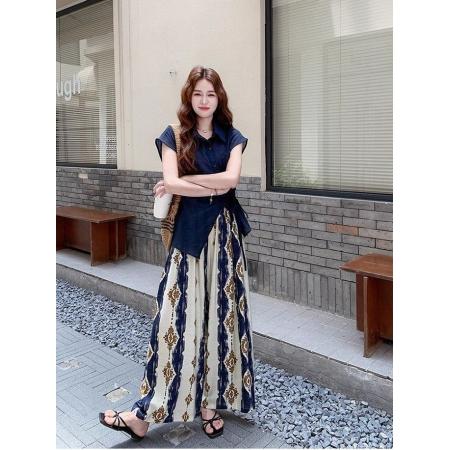 BY12626# 夏季新款复古时尚polo领绑带短袖衬衫上衣女印花阔腿裤两件套 服裝批發女裝批發服飾貨源