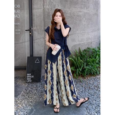 BY12626# 夏季新款复古时尚polo领绑带短袖衬衫上衣女印花阔腿裤两件套 服裝批發女裝批發服飾貨源