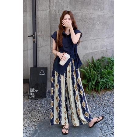 BY12626# 夏季新款复古时尚polo领绑带短袖衬衫上衣女印花阔腿裤两件套 服裝批發女裝批發服飾貨源