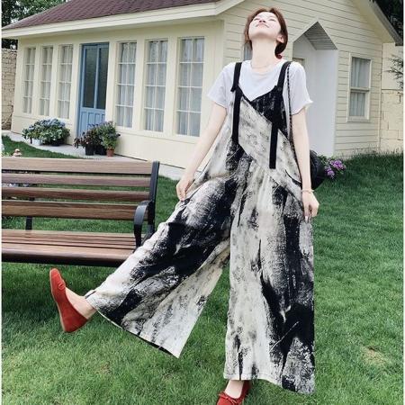 韩系减龄慵懒风背带裤女夏季薄款新款短袖连体阔腿裤 服裝批發女裝批發服飾貨源