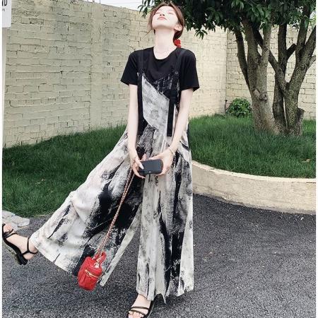 BY12628# 韩系减龄慵懒风背带裤女夏季薄款新款短袖连体阔腿裤 服裝批發女裝批發服飾貨源