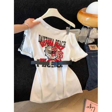 法式收腰加皮带露肩性感中长款气质时尚T恤上衣女上衣 服裝批發女裝批發服飾貨源