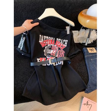 BY12629# 法式收腰加皮带露肩性感中长款气质时尚T恤上衣女上衣 服裝批發女裝批發服飾貨源