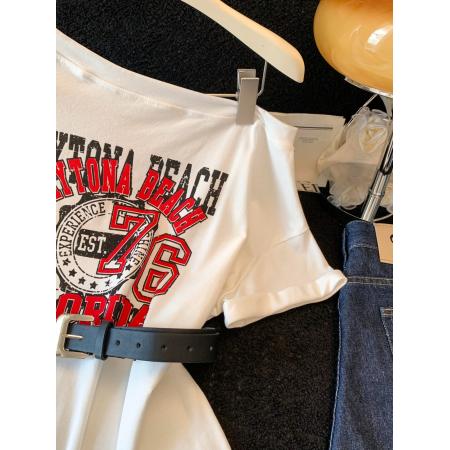 BY12629# 法式收腰加皮带露肩性感中长款气质时尚T恤上衣女上衣 服裝批發女裝批發服飾貨源