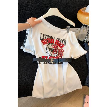 BY12629# 法式收腰加皮带露肩性感中长款气质时尚T恤上衣女上衣 服裝批發女裝批發服飾貨源