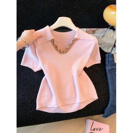 BY12630# 夏季新款针织T恤法式小香风V领套头亮片慵懒风针织衫上衣 服裝批發女裝批發服飾貨源