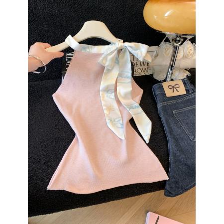 BY12631# 夏季小香风修身内搭打底针织设计感小众上衣蝴蝶结飘带背心 服裝批發女裝批發服飾貨源