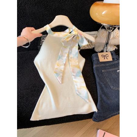 BY12631# 夏季小香风修身内搭打底针织设计感小众上衣蝴蝶结飘带背心 服裝批發女裝批發服飾貨源