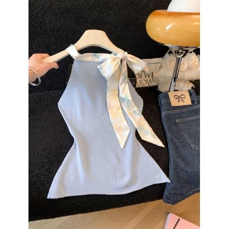 BY12631# 夏季小香风修身内搭打底针织设计感小众上衣蝴蝶结飘带背心 服裝批發女裝批發服飾貨源