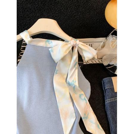 BY12631# 夏季小香风修身内搭打底针织设计感小众上衣蝴蝶结飘带背心 服裝批發女裝批發服飾貨源