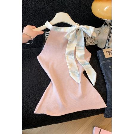 BY12631# 夏季小香风修身内搭打底针织设计感小众上衣蝴蝶结飘带背心 服裝批發女裝批發服飾貨源