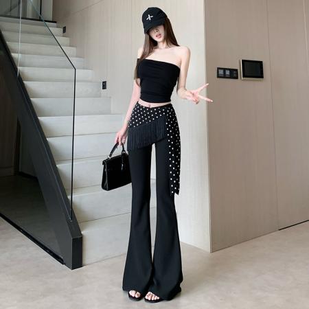 BY12632# 飘带屁帘西装微喇裤女设计感修身高腰弹力垂感显瘦直筒喇叭裤 服裝批發女裝批發服飾貨源