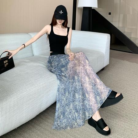 休闲时尚高品质高腰显瘦百搭洋气飘逸感鱼尾裙半身裙重工晕染裙子 服裝批發女裝批發服飾貨源