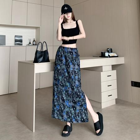 夏季拼色碎花A字半身裙26新款气质百搭高腰显瘦开叉垂感长裙 服裝批發女裝批發服飾貨源