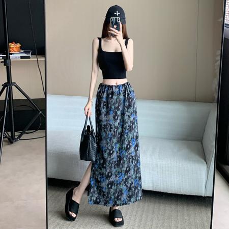 夏季拼色碎花A字半身裙26新款气质百搭高腰显瘦开叉垂感长裙 服裝批發女裝批發服飾貨源