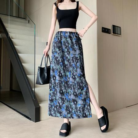 夏季拼色碎花A字半身裙26新款气质百搭高腰显瘦开叉垂感长裙 服裝批發女裝批發服飾貨源