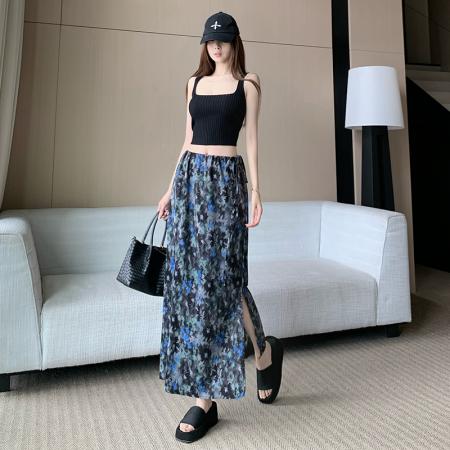夏季拼色碎花A字半身裙26新款气质百搭高腰显瘦开叉垂感长裙 服裝批發女裝批發服飾貨源