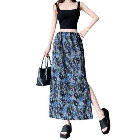 夏季拼色碎花A字半身裙26新款气质百搭高腰显瘦开叉垂感长裙 服裝批發女裝批發服飾貨源