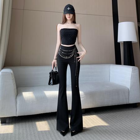 设计感立体烫钻装饰微喇裤女春新款高腰提臀修身休闲马蹄裤 服裝批發女裝批發服飾貨源