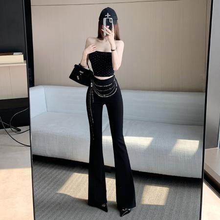 设计感立体烫钻装饰微喇裤女春新款高腰提臀修身休闲马蹄裤 服裝批發女裝批發服飾貨源