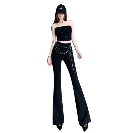 设计感立体烫钻装饰微喇裤女春新款高腰提臀修身休闲马蹄裤 服裝批發女裝批發服飾貨源