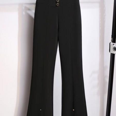 高腰修身喇叭裤女显瘦大码弹力休闲裤秋春夏新款前开叉微喇裤 服裝批發女裝批發服飾貨源