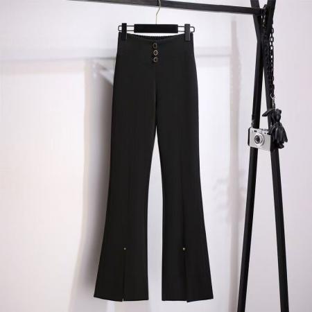 高腰修身喇叭裤女显瘦大码弹力休闲裤秋春夏新款前开叉微喇裤 服裝批發女裝批發服飾貨源