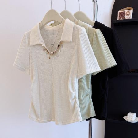 BY12641# 大码正肩洋气遮肚子polo领短袖T恤女夏胖mm显瘦百搭减龄上衣 服裝批發女裝批發服飾貨源