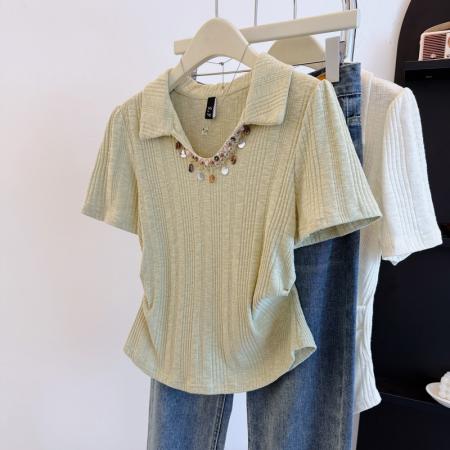 BY12641# 大码正肩洋气遮肚子polo领短袖T恤女夏胖mm显瘦百搭减龄上衣 服裝批發女裝批發服飾貨源