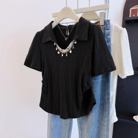 BY12641# 大码正肩洋气遮肚子polo领短袖T恤女夏胖mm显瘦百搭减龄上衣 服裝批發女裝批發服飾貨源