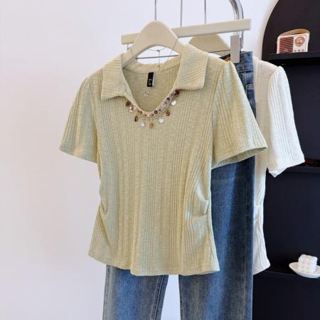 BY12641# 大码正肩洋气遮肚子polo领短袖T恤女夏胖mm显瘦百搭减龄上衣 服裝批發女裝批發服飾貨源