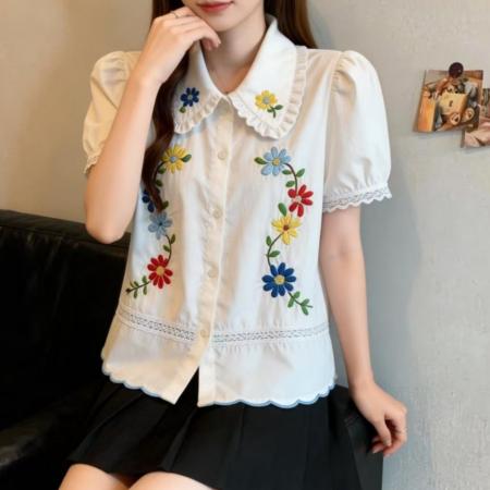 BY12642# 大码复古减龄娃娃领重工刺绣衬衫女夏季新款洋气百搭显瘦上衣 服裝批發女裝批發服飾貨源