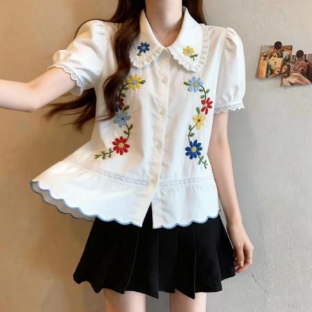 BY12642# 大码复古减龄娃娃领重工刺绣衬衫女夏季新款洋气百搭显瘦上衣 服裝批發女裝批發服飾貨源