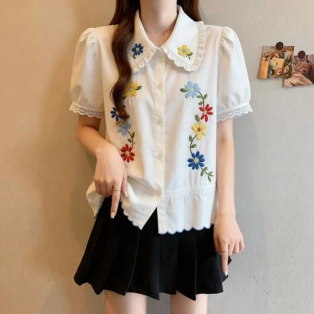 BY12642# 大码复古减龄娃娃领重工刺绣衬衫女夏季新款洋气百搭显瘦上衣 服裝批發女裝批發服飾貨源