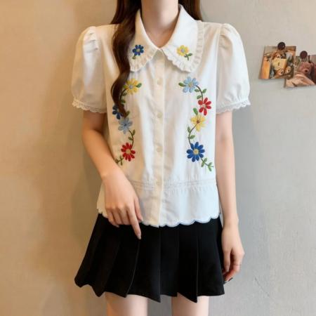 BY12642# 大码复古减龄娃娃领重工刺绣衬衫女夏季新款洋气百搭显瘦上衣 服裝批發女裝批發服飾貨源