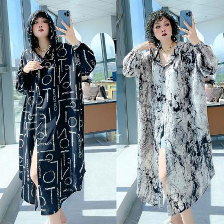 BY12644# 韩版时尚休闲气质显瘦连帽长款大码女装200斤胖MM设计感防晒外套 服裝批發女裝批發服飾貨源