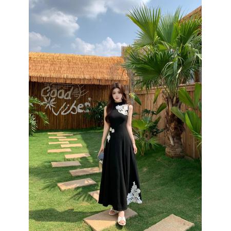 BY12646# 大码新中式立领无袖蕾丝刺绣针织连衣裙垂感高腰A字长裙夏 服裝批發女裝批發服飾貨源