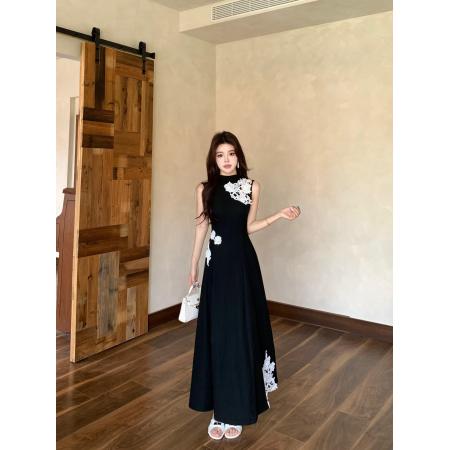 BY12646# 大码新中式立领无袖蕾丝刺绣针织连衣裙垂感高腰A字长裙夏 服裝批發女裝批發服飾貨源