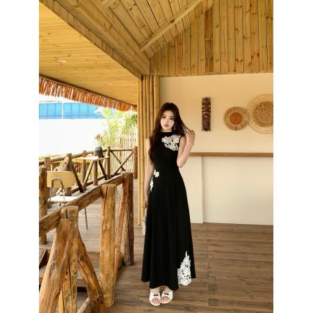 BY12646# 大码新中式立领无袖蕾丝刺绣针织连衣裙垂感高腰A字长裙夏 服裝批發女裝批發服飾貨源