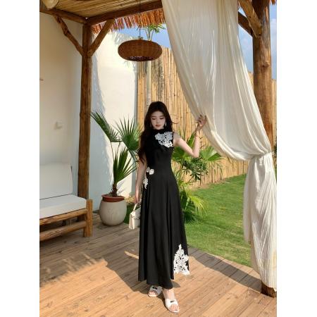 BY12646# 大码新中式立领无袖蕾丝刺绣针织连衣裙垂感高腰A字长裙夏 服裝批發女裝批發服飾貨源