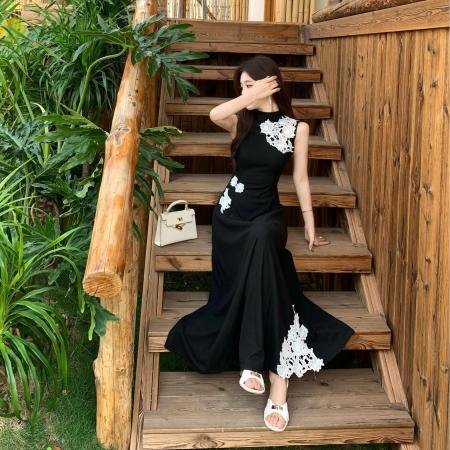 BY12646# 大码新中式立领无袖蕾丝刺绣针织连衣裙垂感高腰A字长裙夏 服裝批發女裝批發服飾貨源