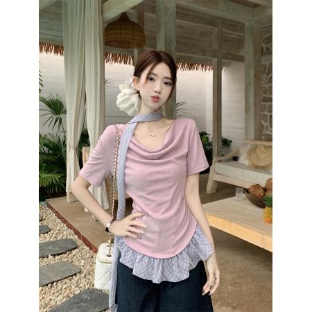 BY12647# 纯欲假两件拼接格纹温柔风荡领不规则配丝巾短袖T恤修身显瘦百搭 服裝批發女裝批發服飾貨源