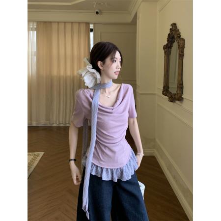 BY12647# 纯欲假两件拼接格纹温柔风荡领不规则配丝巾短袖T恤修身显瘦百搭 服裝批發女裝批發服飾貨源