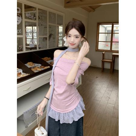 BY12647# 纯欲假两件拼接格纹温柔风荡领不规则配丝巾短袖T恤修身显瘦百搭 服裝批發女裝批發服飾貨源